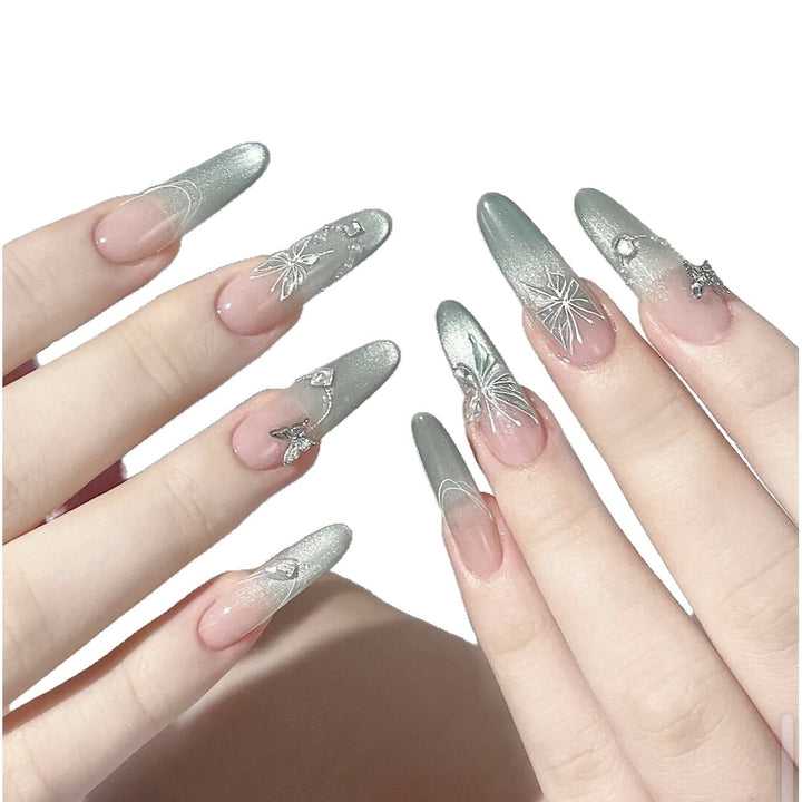 Decorative Stiletto Press-On Nail Set with Artistic Floral and Gemstone Accents Kalsten