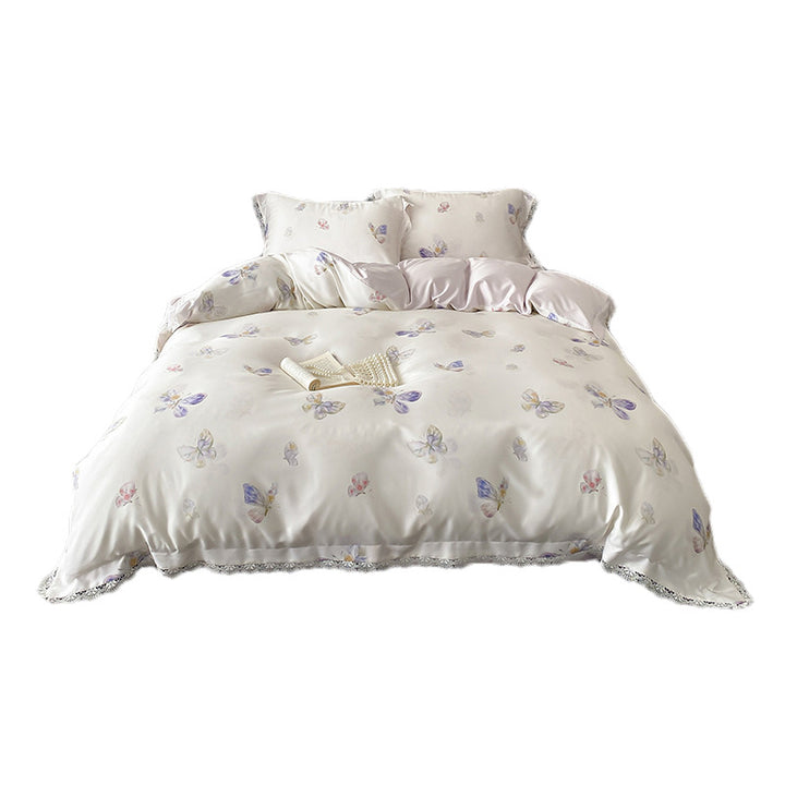 Satin bedding set with butterfly pattern and lace edge