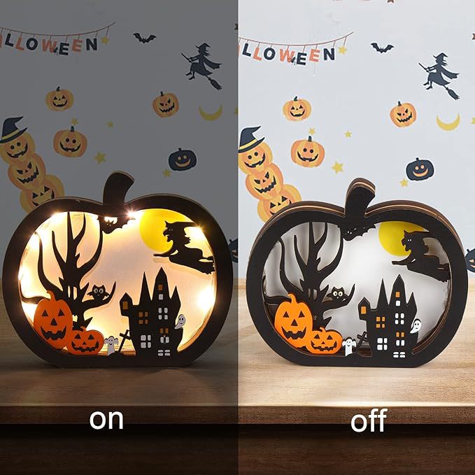 Wood decoration set three-dimensional Halloween shadow boxes with LED lighting and multi-layered motifs