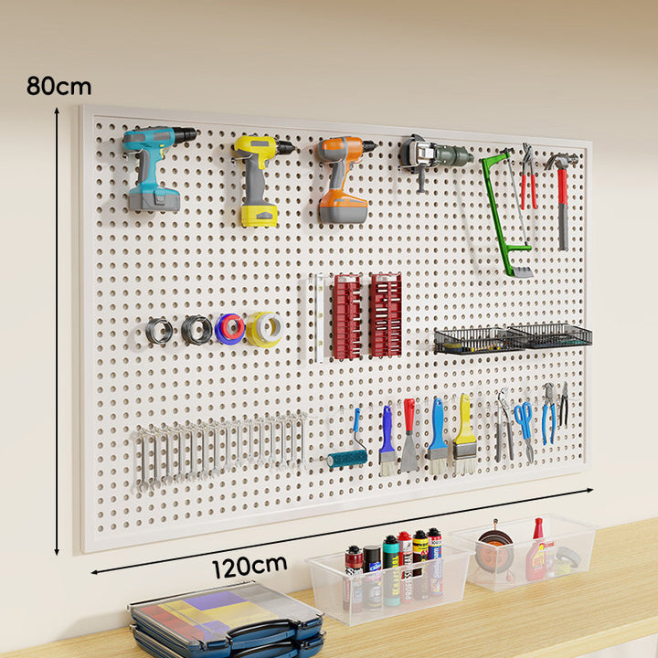 Wall-Mounted Perforated Metal Tool Pegboard Organizer Panel with Modular Hooks and Wire Baskets