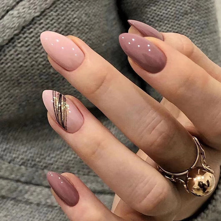 Elegant Long Almond-Shaped Press-On Nails with Gold Accents Kalsten