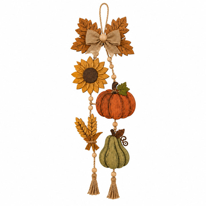 Autumn wall hanging garland in wood look with pumpkin, sunflower and tassels
