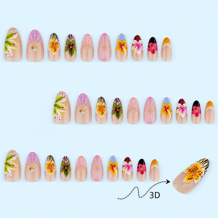 Artificial nails with floral design and 3D applications Kalsten