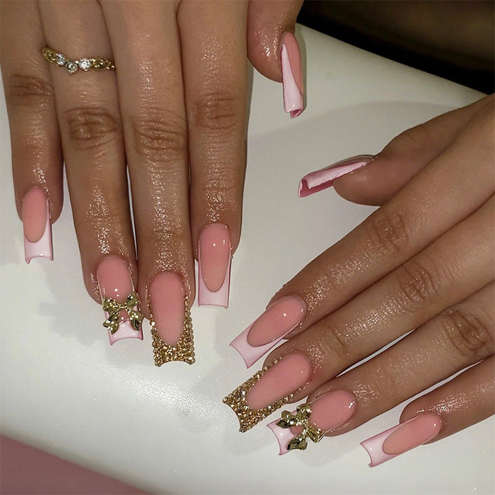 Decorative Press-On Nail Art Set with Elegant Bow and Gem Accents kalsten
