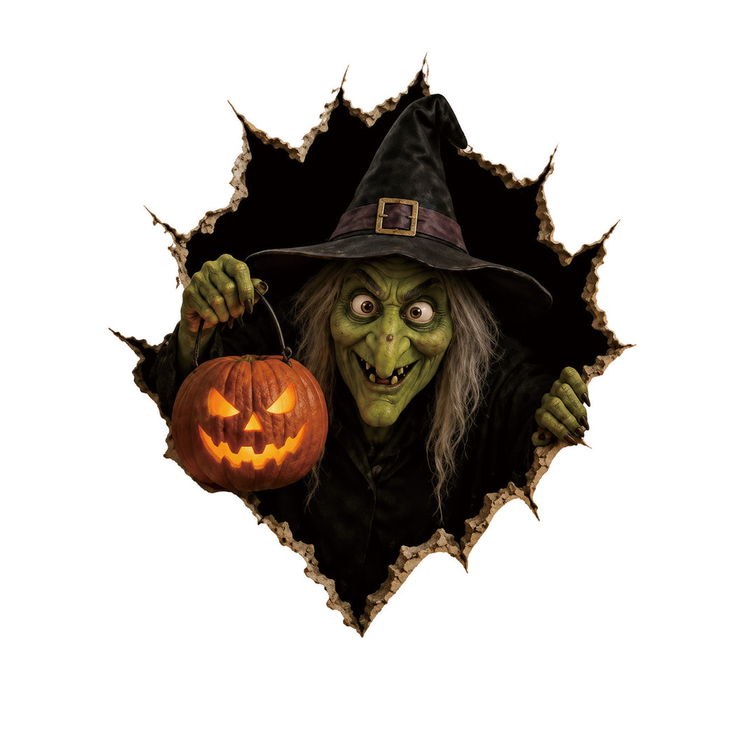 Realistic 3D wall sticker Halloween witch with breaking wall and candy