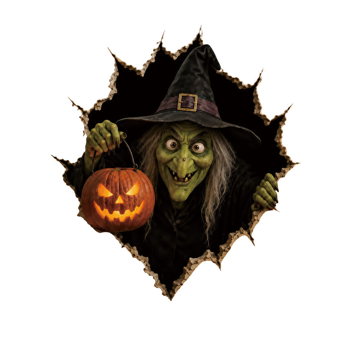 Realistic 3D wall sticker Halloween witch with breaking wall and candy