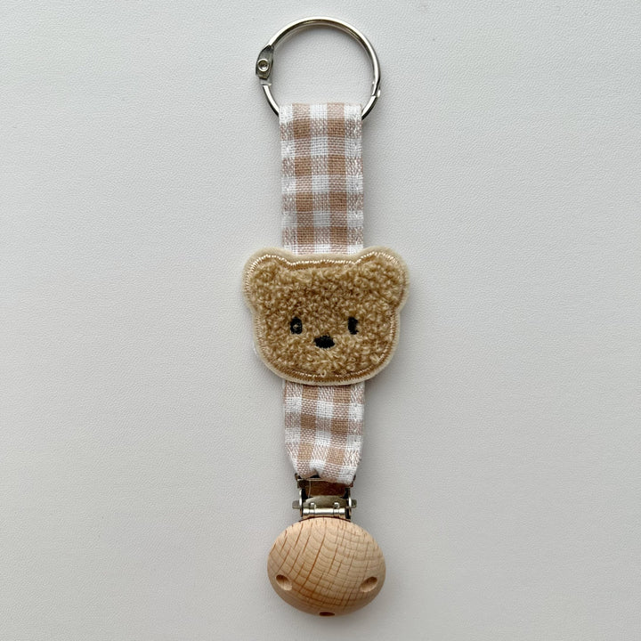 Handmade Wooden-Clip Pacifier Holder with Gingham Strap and Padded Flower Teether