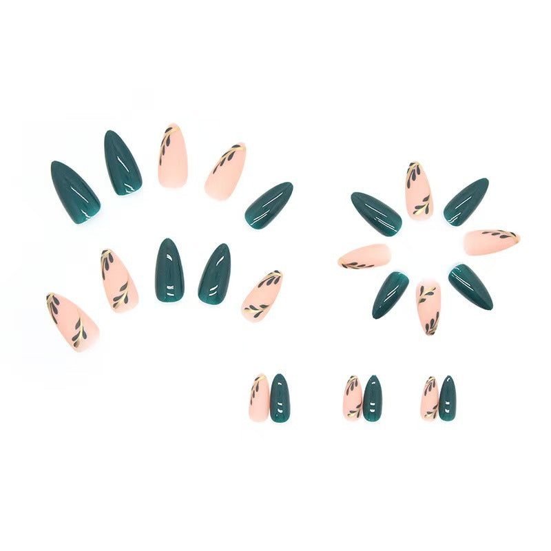 Artistic Press-On Nail Set with Leaf Designs Kalsten