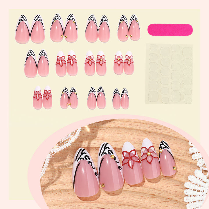 Decorative Press-On Nail Set with Floral and Geometric Accents kalsten