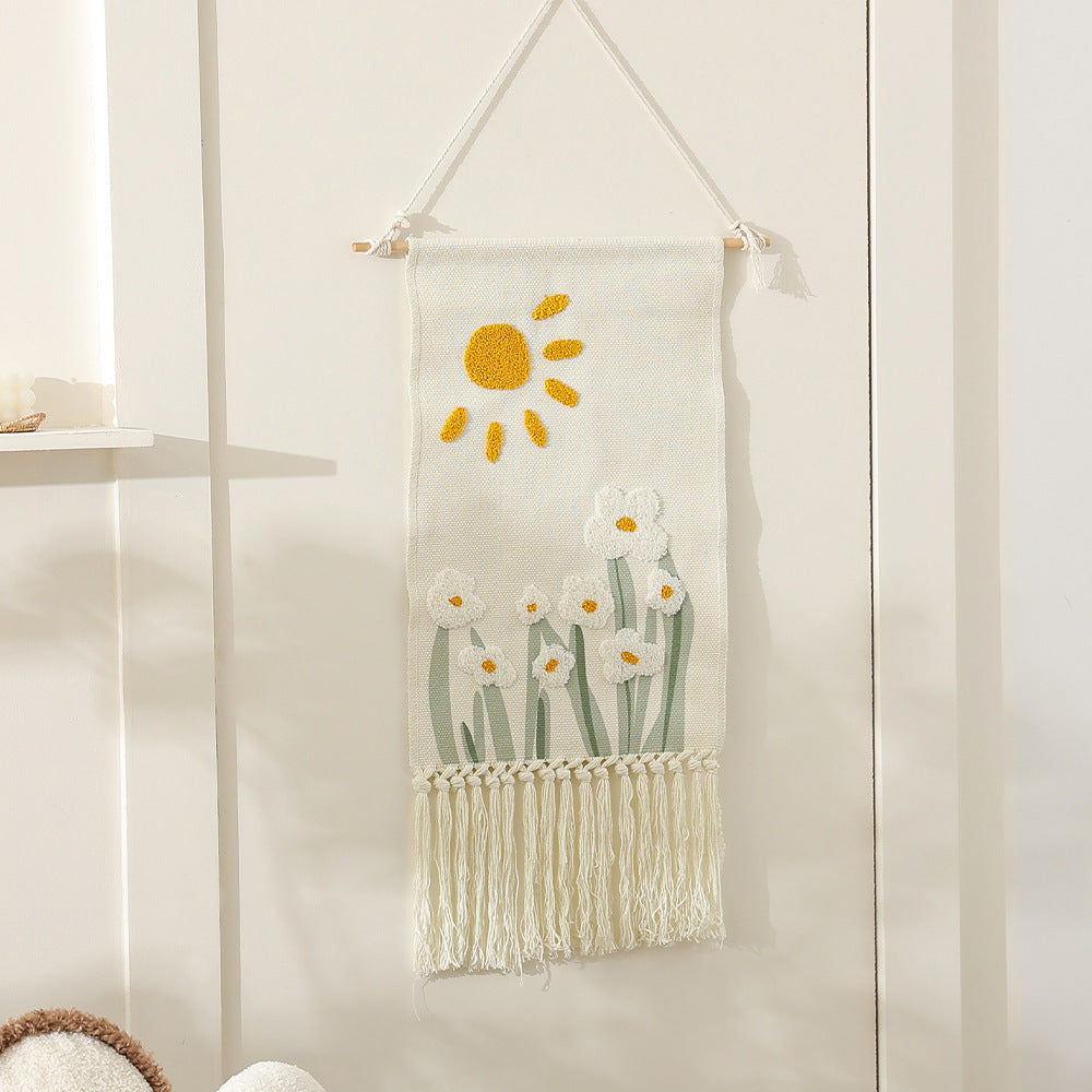 Woven cotton wall hanging with punch needle flower relief and fringes Kalsten
