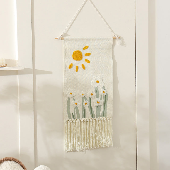Woven cotton wall hanging with punch needle flower relief and fringes Kalsten