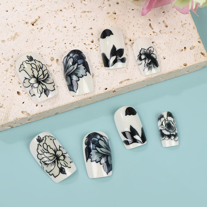 Artificial nails with floral black-and-white design Kalsten
