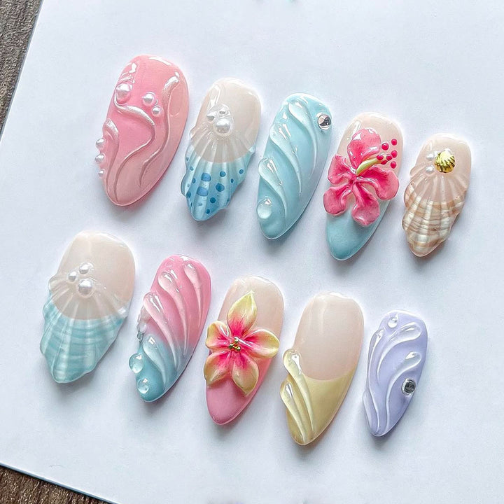 Decorative 3D Floral and Shell Press-On Nail Art Kalsten