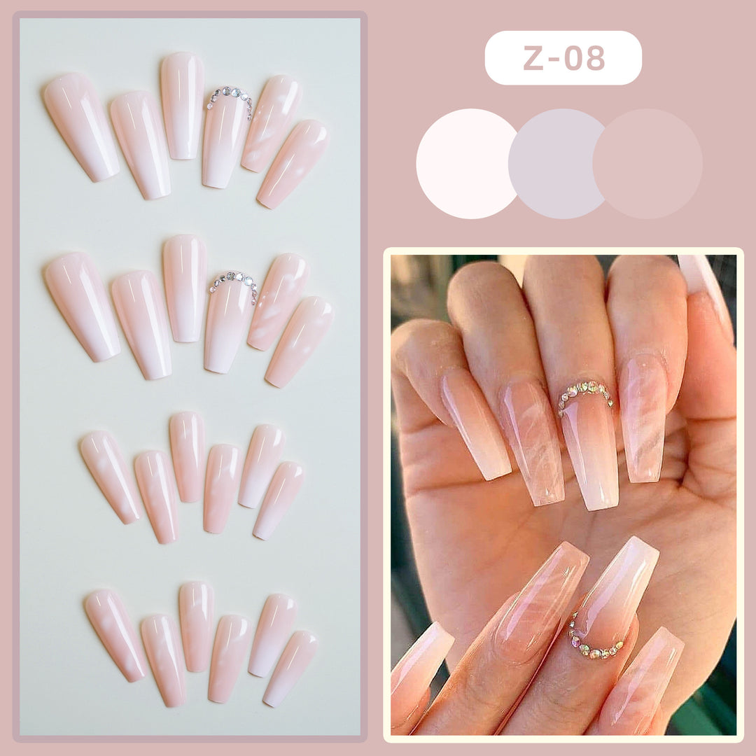 Elegant Long Acrylic Press-On Nail Set with Rhinestone Accents