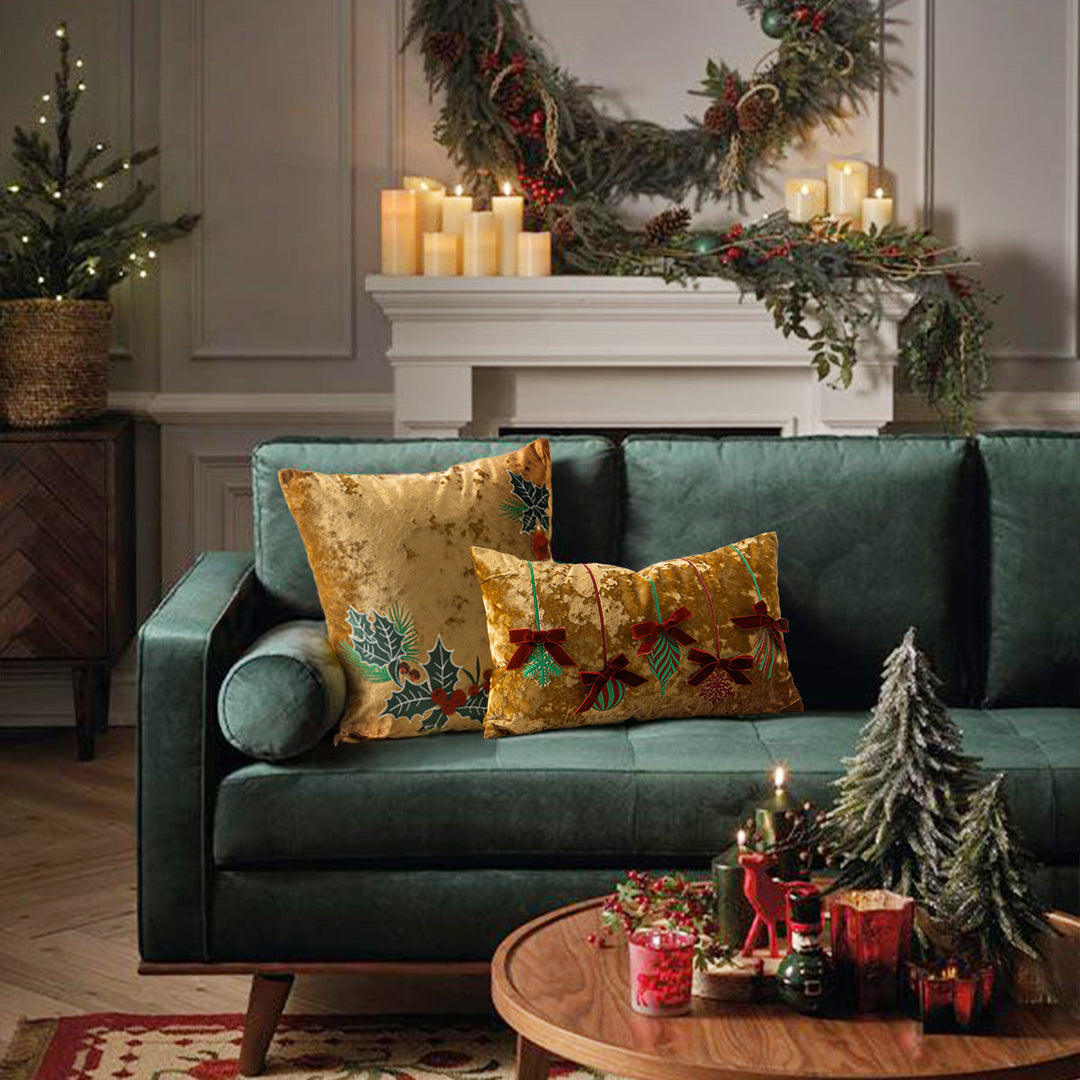 Rectangular velvet cushion cover with embroidered Christmas ornaments Kalsten