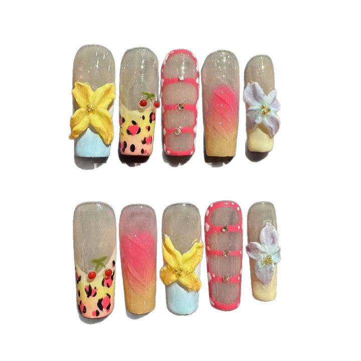 Artistic Floral Press-On Nail Set with Decorative Elements