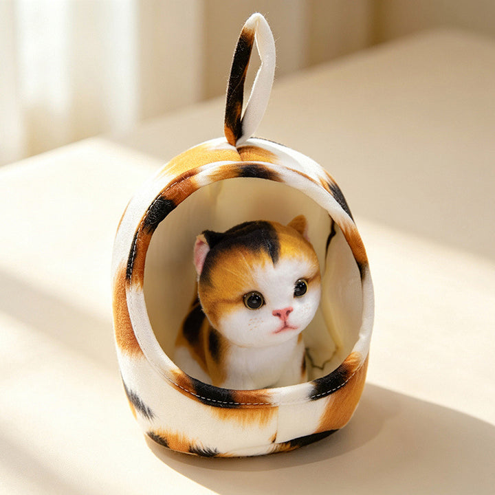 Mini Plush Calico Cat in Plush Cave Nest with Hanging Loop Kalsten