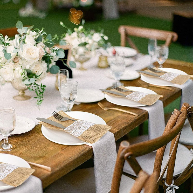 Decorative cutlery napkins made of jute with lace trim