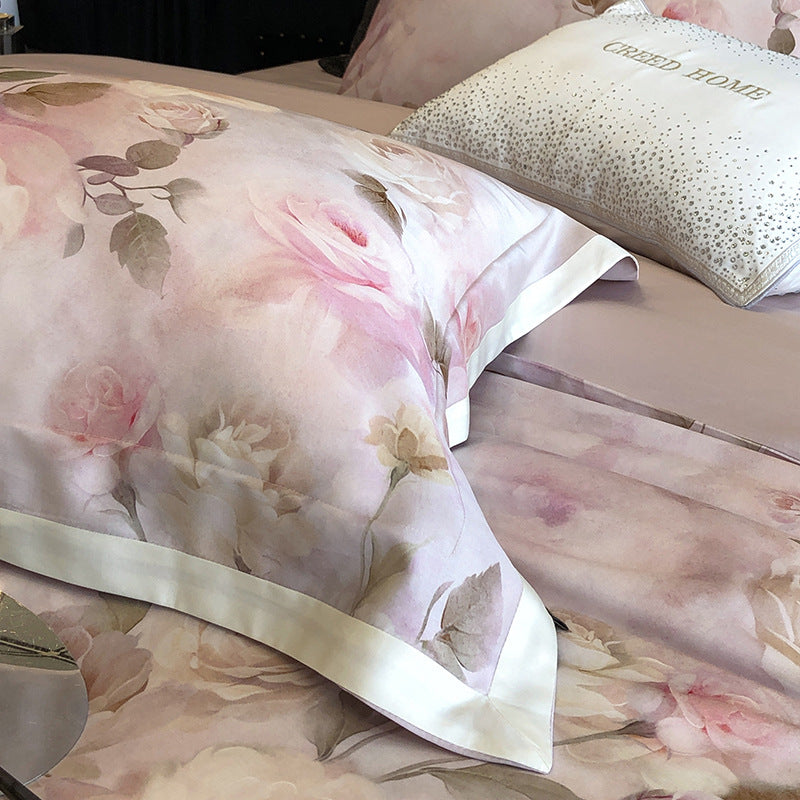 Luxurious cotton satin bedding set with watercolor rose pattern and satin trim