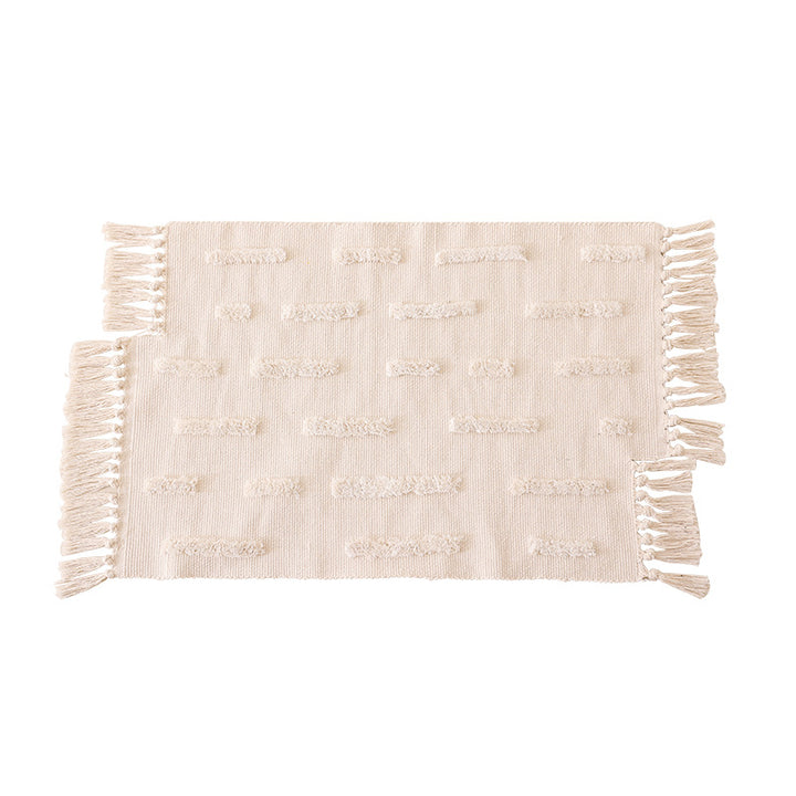 Woven rug in Boho-minimalist style with contrasted tufting and cotton fringes Kalsten