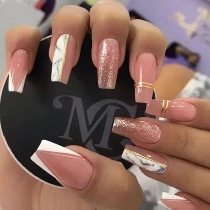Exquisite artificial nails with elegant glitter and marble pattern Kalsten