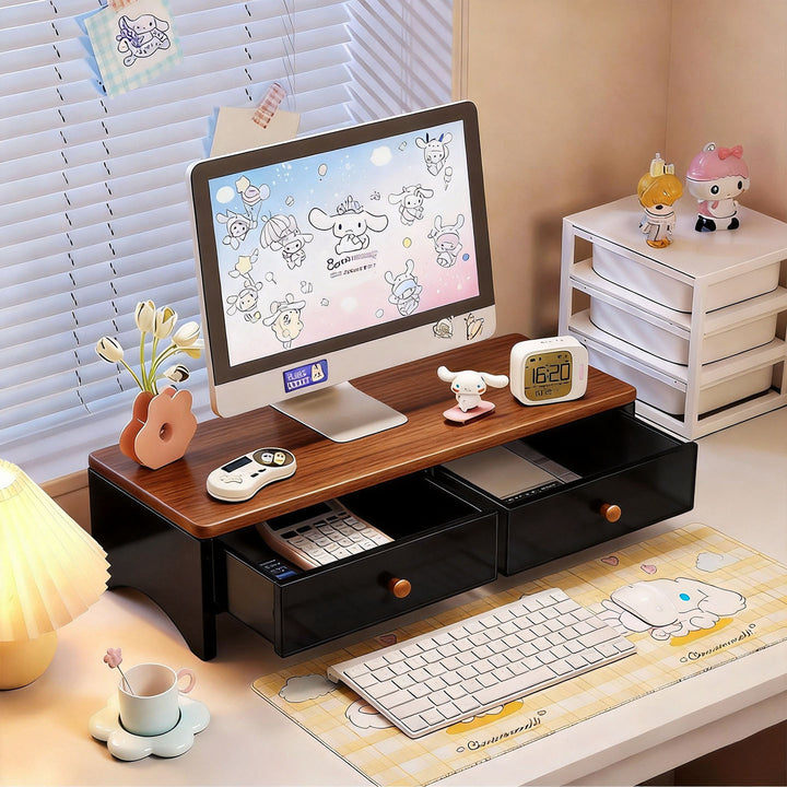 Dual-Height Wooden Monitor Riser and Desktop Organizer with Two Drawers