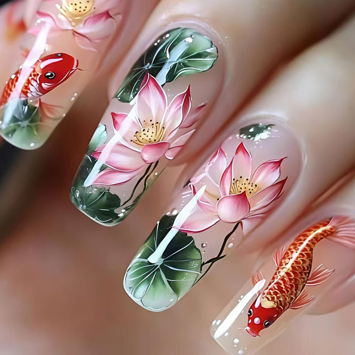Artistic Water Lily and Koi Fish Nail Art Kalsten