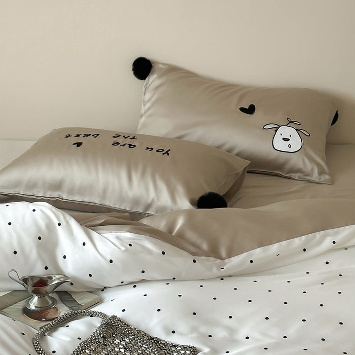 Cotton satin bedding set with heart allover, cute cat embroidery and pompom pillow