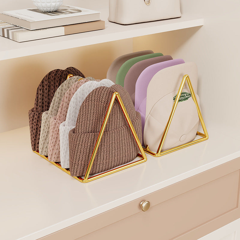 Triangular Gold Metal Multi-Slot Beanie and Knit Hat Organizer Rack