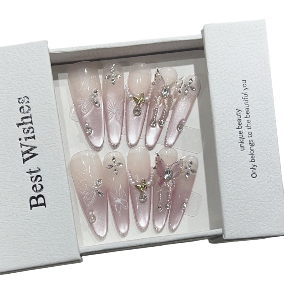 Artistic Stiletto Press-On Nail Design Set with Butterfly and Gemstone Accents Kalsten