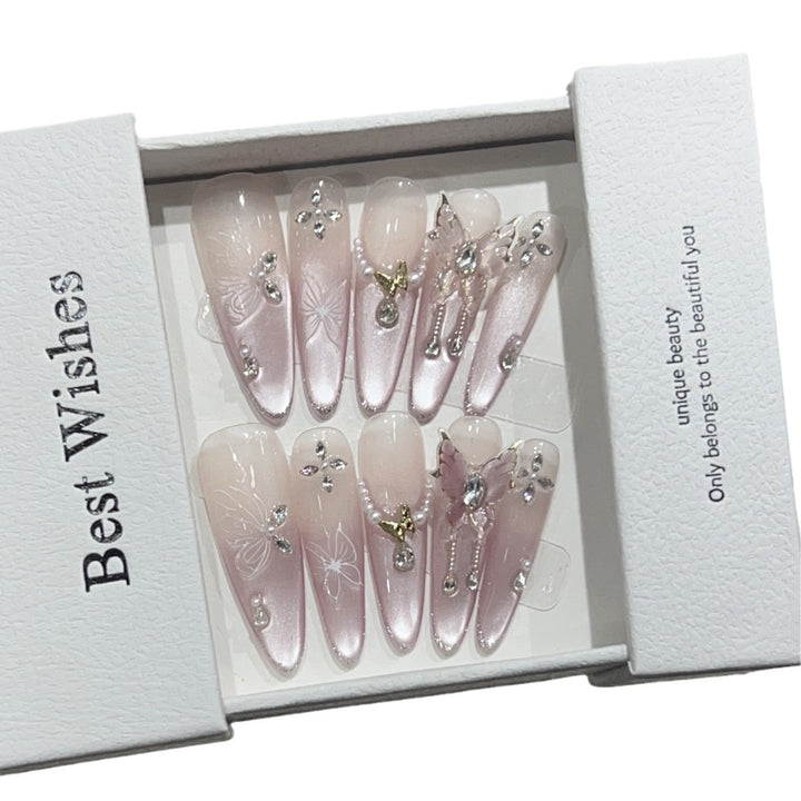 Artistic Stiletto Press-On Nail Design Set with Butterfly and Gemstone Accents Kalsten