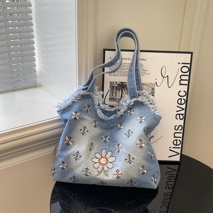 Floral Embroidered Denim Tote Bag