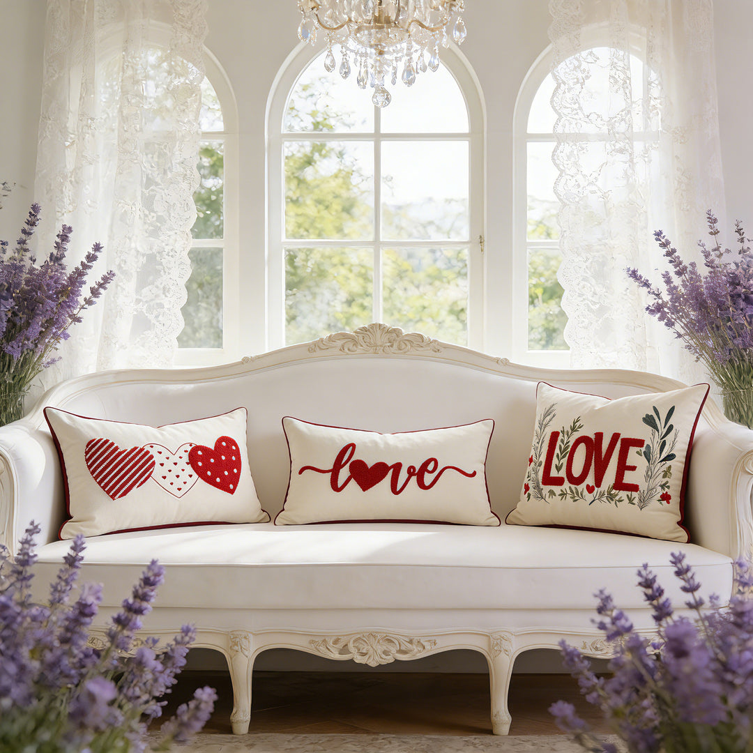Embroidered Tufted LOVE Botanical Accent Pillow Cover