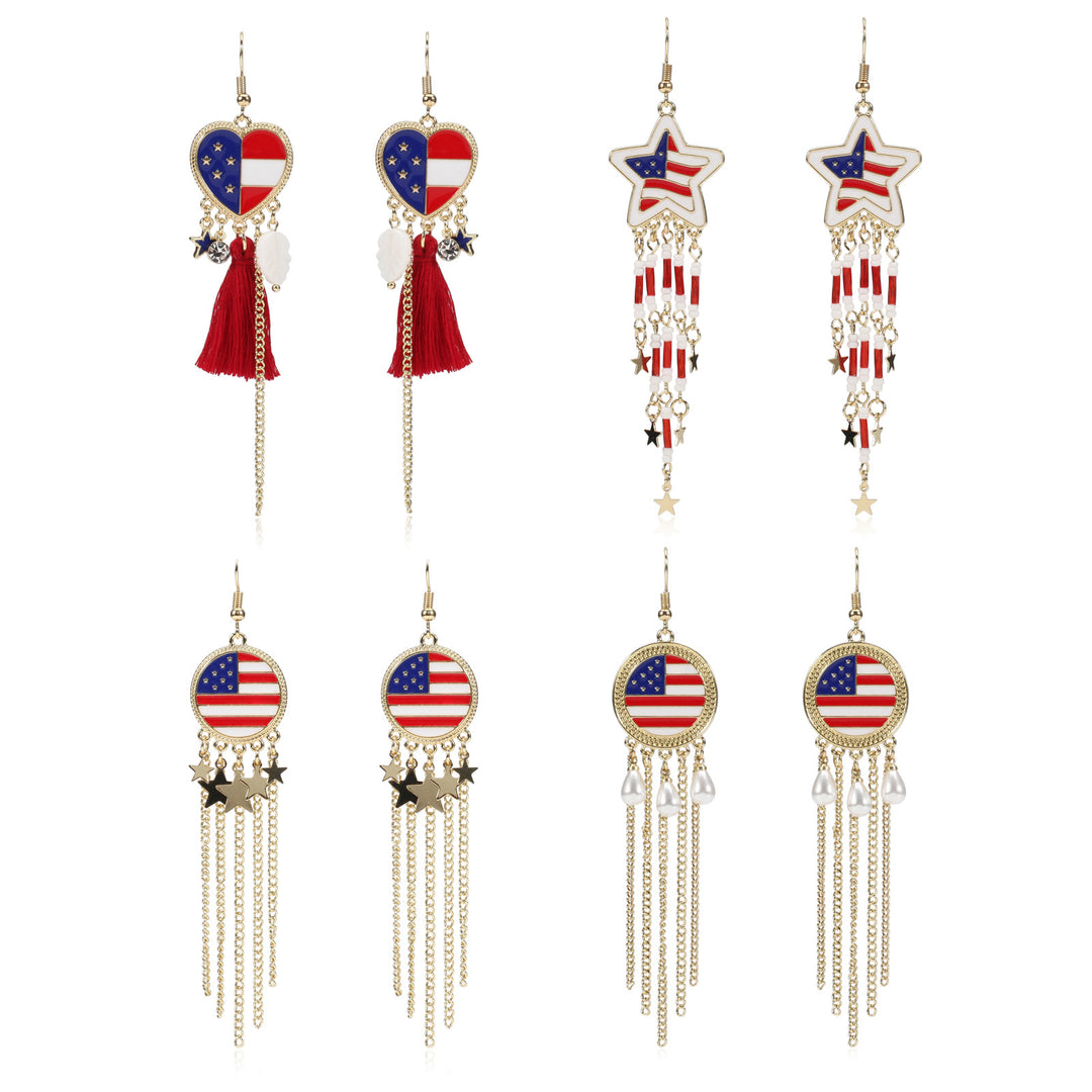 Women's nan long beaded fringe dangle earrings with enamel flag medallion and crystal drops Kalsten