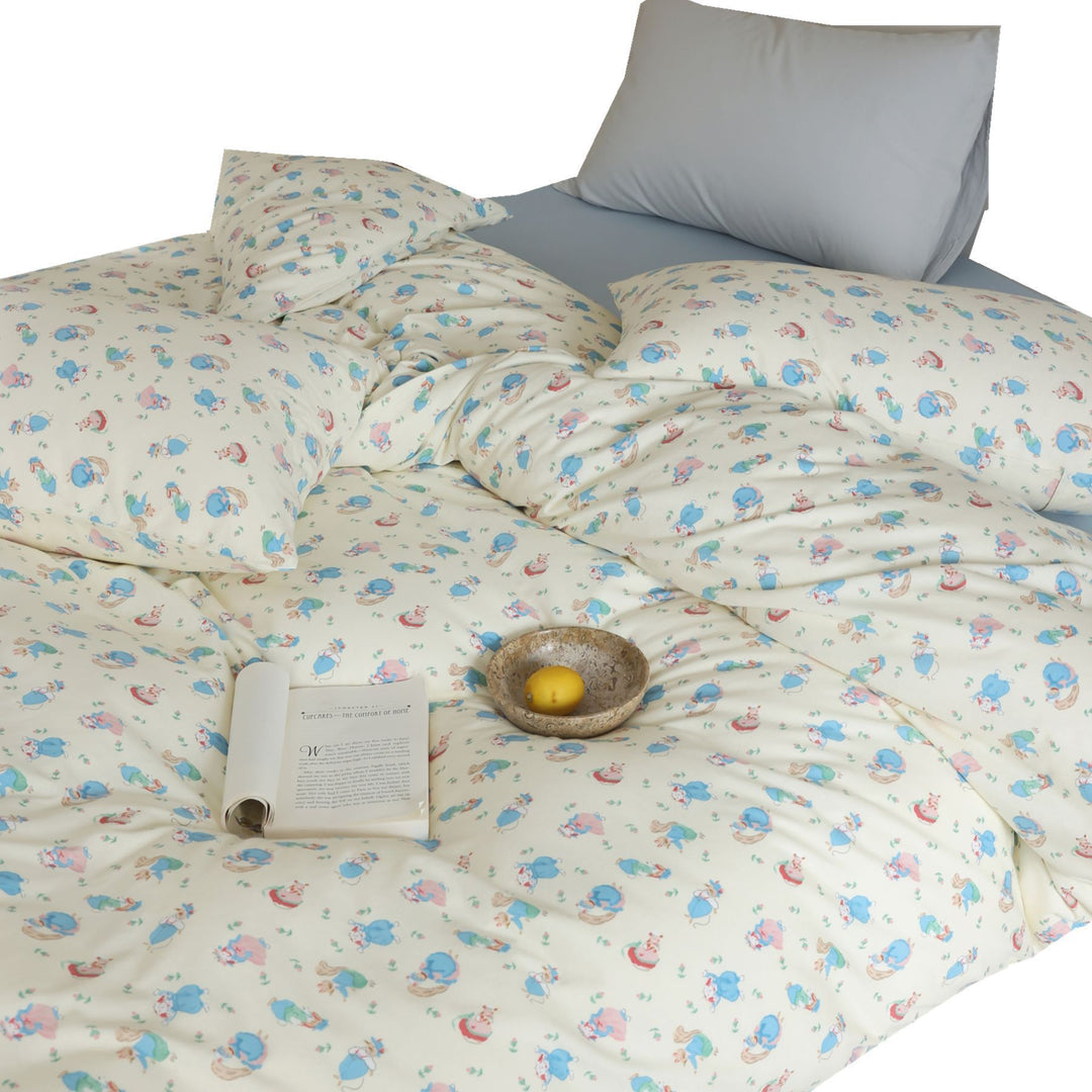 Reversible duvet cover and pillowcase set made of cotton satin with teddy bear and moon print