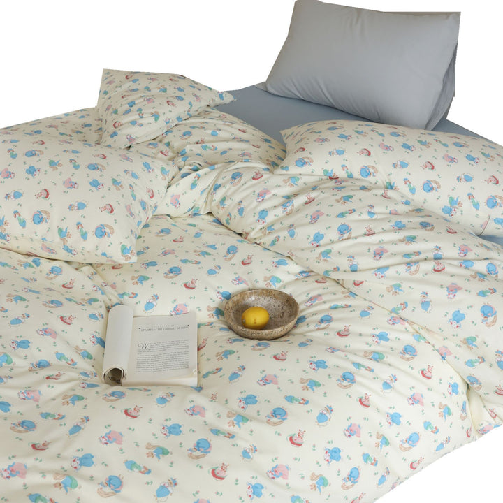 Reversible duvet cover and pillowcase set made of cotton satin with teddy bear and moon print