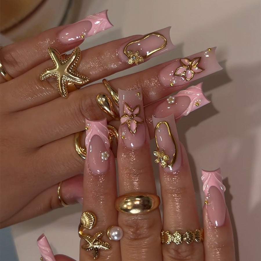 Elegant Artificial Nail Tips with Gold Accents Kalsten