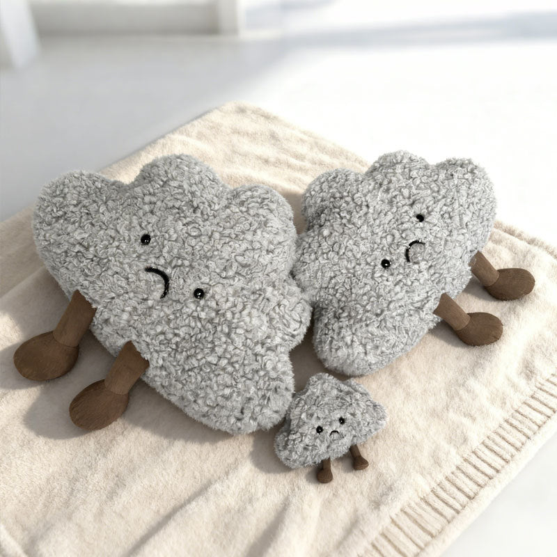 Curly Faux-Fur Sad Cloud Plush Pillow with Corduroy Legs and Embroidered Face Kalsten