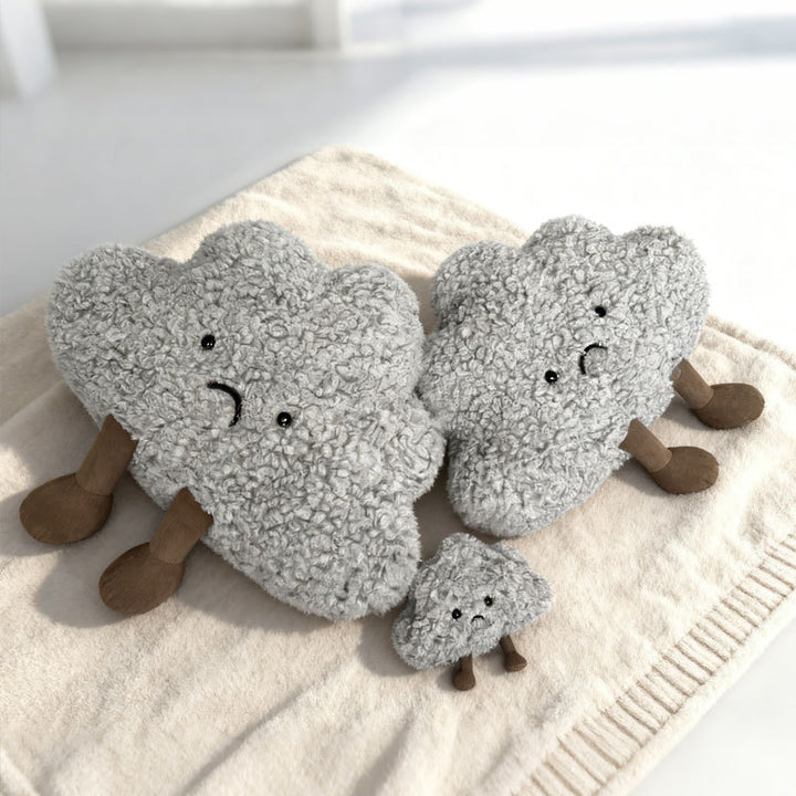 Curly Faux-Fur Sad Cloud Plush Pillow with Corduroy Legs and Embroidered Face Kalsten