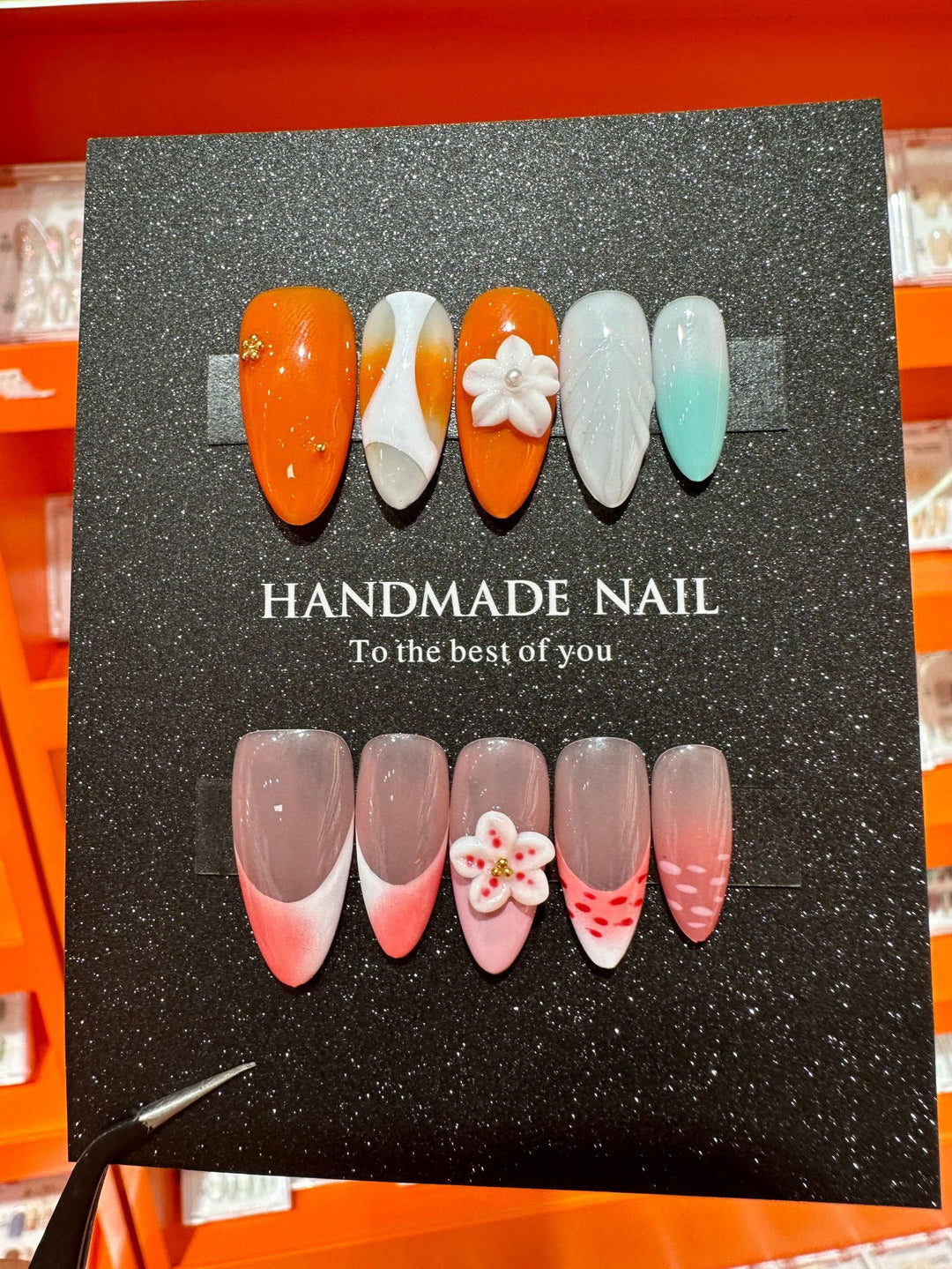 Artistic Press-On Nail Set with Floral and Gradient Accents