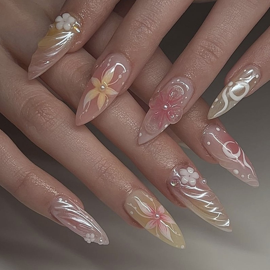 Artful Nail Extensions with Floral and Elegant Design Kalsten