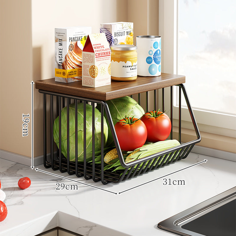 Countertop Wooden Top Metal Wire Fruit and Vegetable Storage Rack