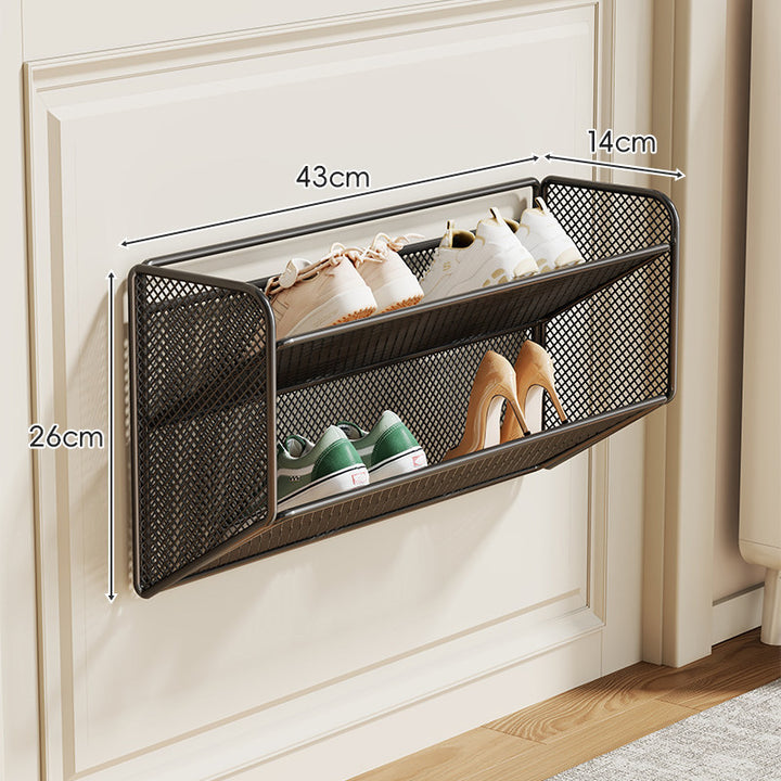 Wall-Mounted Fold-Down Mesh Shoe Shelf Organizer for Slim Entryways