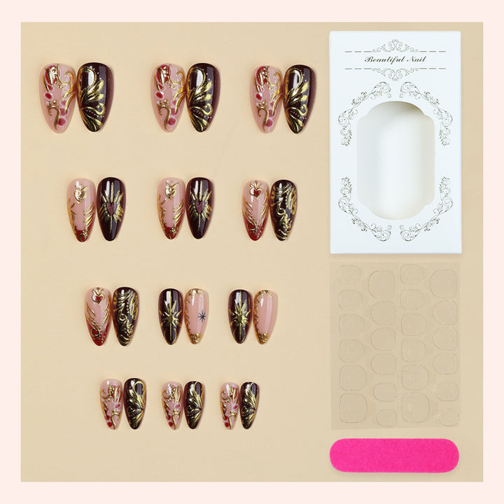 Decorative Press-On Nail Art Set with Intricate Gold Floral Design kalsten