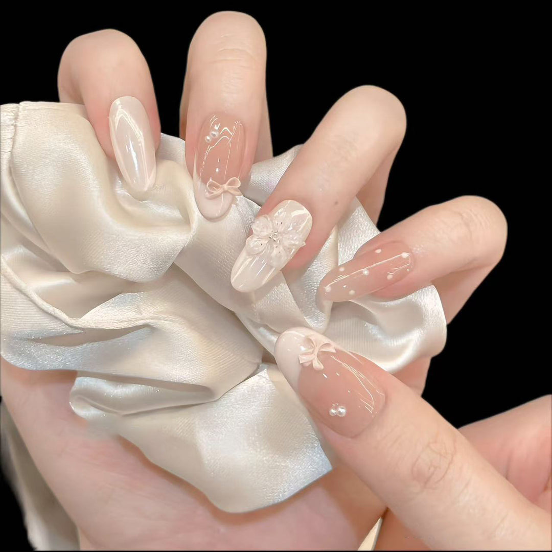 Decorative Press-On Nail Art Set with Bow and Floral Embellishments Kalsten