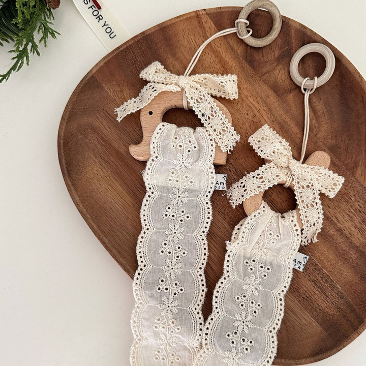 Wooden Elephant Teether with Organic Lace Sensory Ribbon