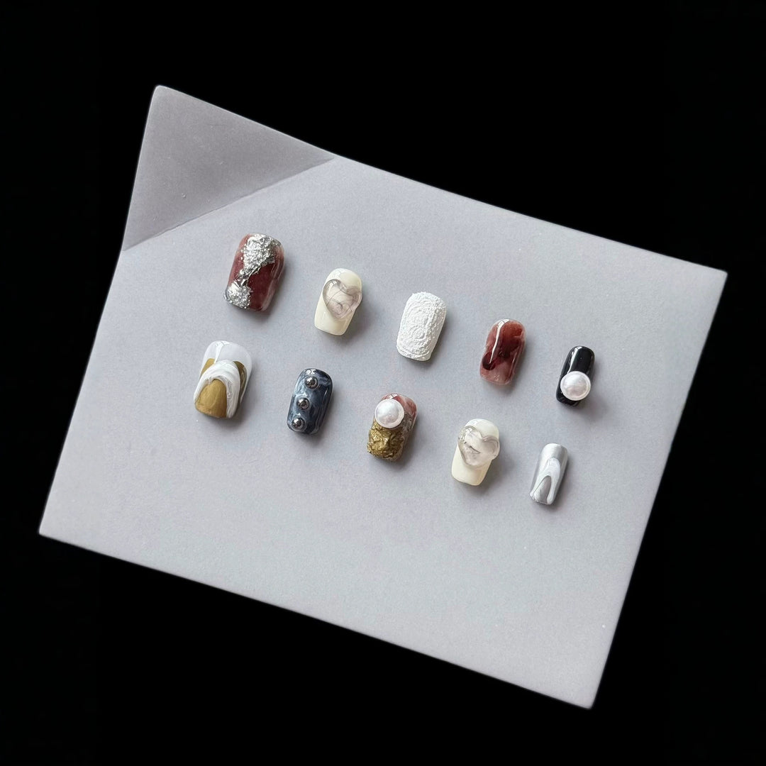 Artistic Press-On Nail Set with Unique Abstract Designs  1791774457