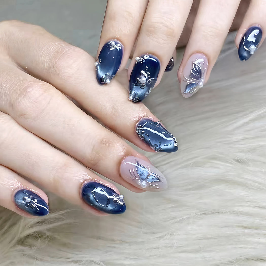 Artistic Press-On Nail Art Set with Floral and Pearl Embellishments Kalsten