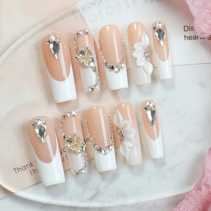 Artificial nail set with elegant glitter and flower motifs Kalsten