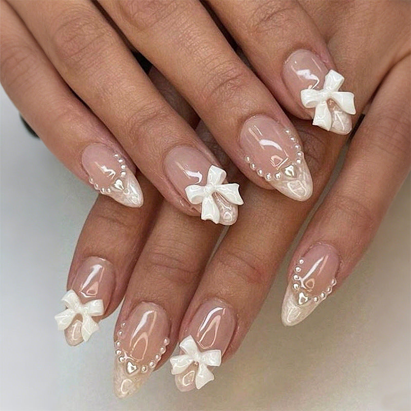 Decorative Press-On Nail Art Set with Elegant Bow and Pearl Accents kalsten